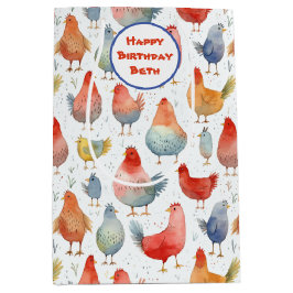 Sacola Para Presentes Média Galinhas Aquarelas Adicionar Nome Aniversário