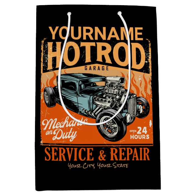 Sacola Para Presentes Média Garagem de Hot Rod personalizada NOME Oficina Mecâ (Frente)