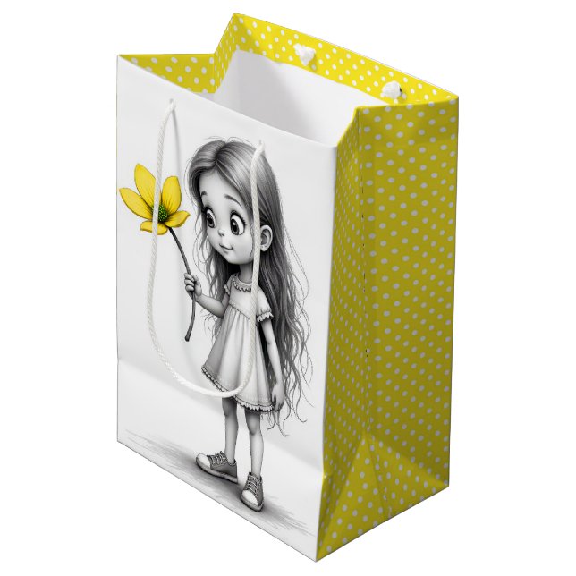 Sacola Para Presentes Média Garota Chibi Com Flor Amarelo (Frente inclinada)