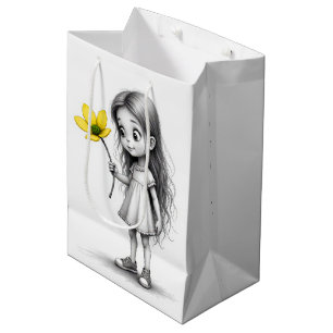 Sacola Para Presentes Média Garota Chibi Com Flor Amarelo