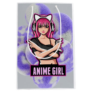 Sacola Para Presentes Média Garota de Anime   Ilustração de Personagem com Est