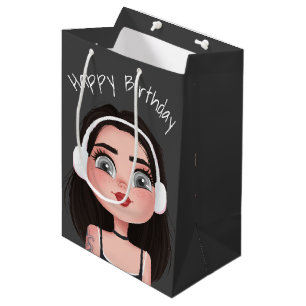 Sacola Para Presentes Média Garota de Aniversário de Desenho Animado Com Fones