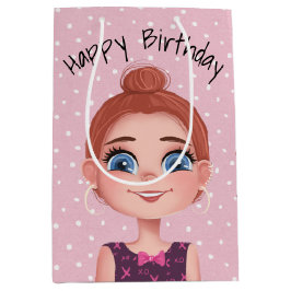 Sacola Para Presentes Média Garota de Aniversário de Desenho Animado em Bolinh