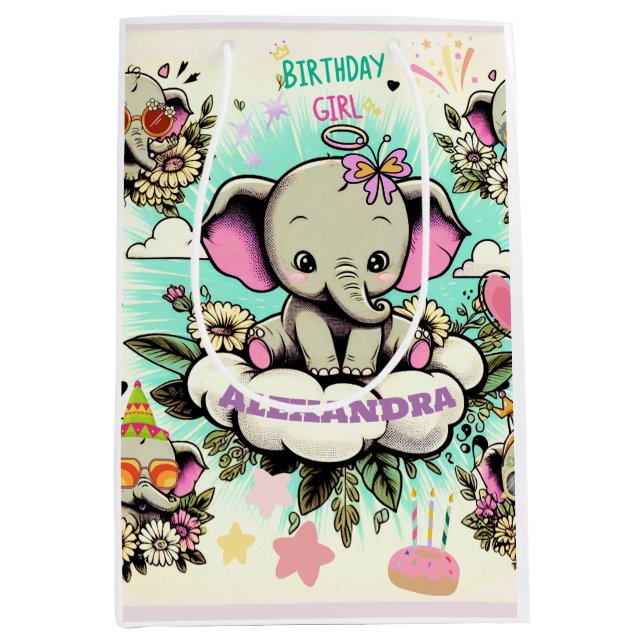 Sacola Para Presentes Média Garota de Aniversário dos Elefantes Bonitos (Frente)