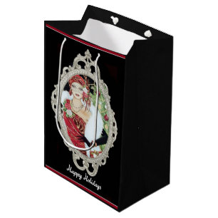 Sacola Para Presentes Média Garota Flapper de Natal Vestido Vermelho e Dourado