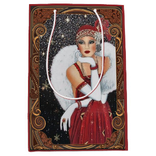 Sacola Para Presentes Média Garota Flapper de Natal Vestido Vermelho Rubi Joia