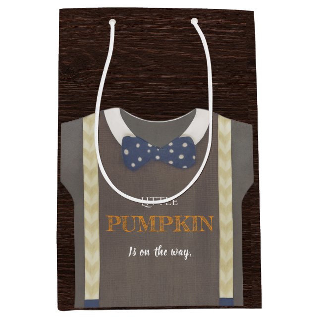 Sacola Para Presentes Média Garoto chá de fraldas outono macacão azul (Frente)