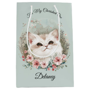 Sacola Para Presentes Média Gatinho de Manga e Flores de Sakura Amantes de Gat