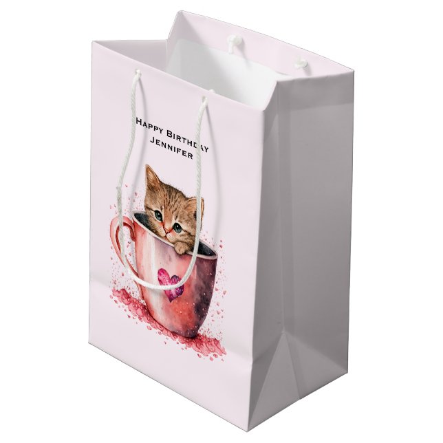Sacola Para Presentes Média Gatinho Fofo em Teacup com Corações Aniversário (Verso inclinado)