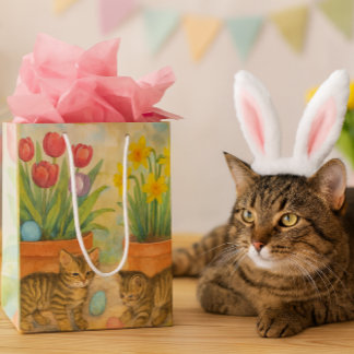 Sacola Para Presentes Média Gatinhos Brincando com Ovos de Páscoa
