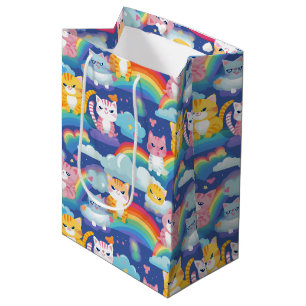 Sacola Para Presentes Média Gatinhos no Aniversário da Menina do Arco-íris