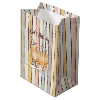 Sacola Para Presentes Média Gato Aquarela Laranja, Listras Rosa, Amarelo, Azul