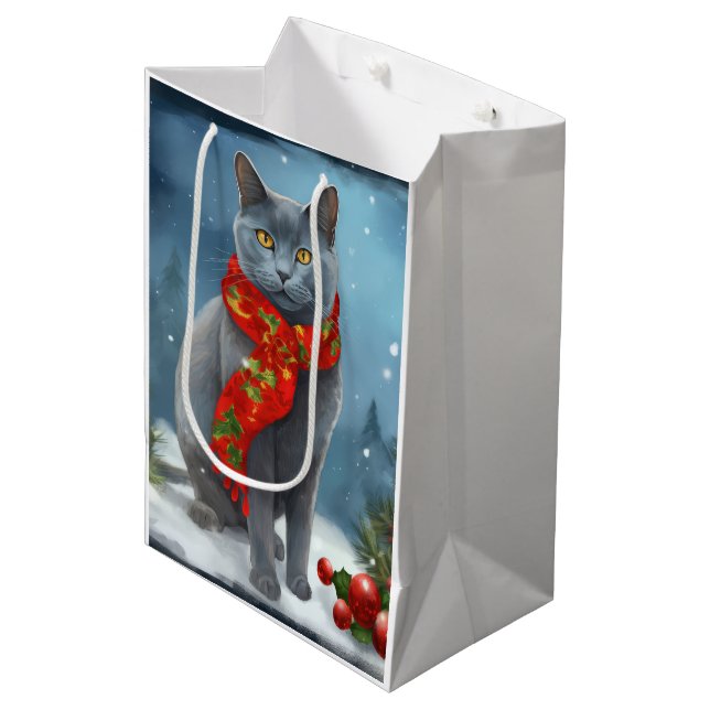 Sacola Para Presentes Média Gato Azul russo no Natal da neve (Frente inclinada)