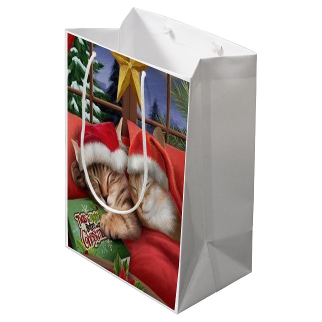Sacola Para Presentes Média Gato bonito no Natal (Verso inclinado)