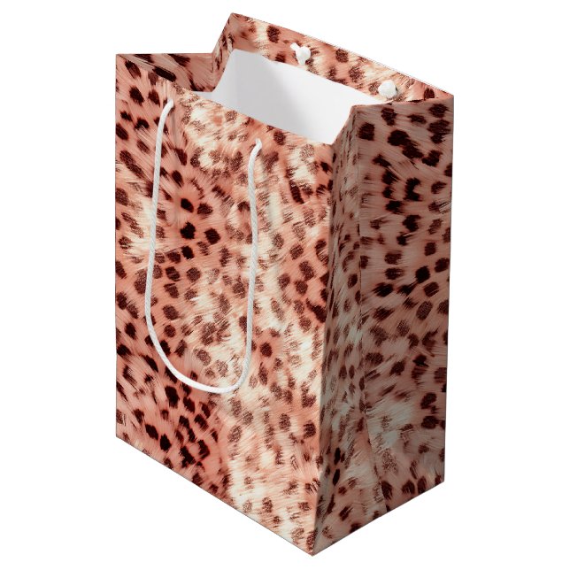 Sacola Para Presentes Média Gato Bonito, Rosa Dourado, Leopardo (Frente inclinada)