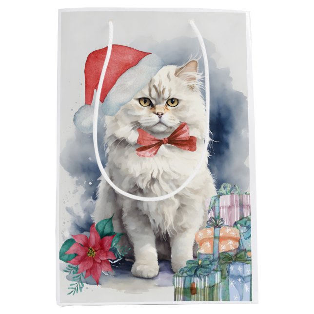 Sacola Para Presentes Média Gato branco bonito no Papai Noel dá presente de Na (Frente)