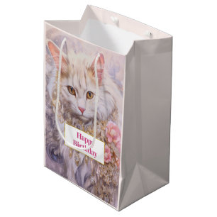 Sacola Para Presentes Média Gato Branco Elegante no Aniversário do Dourado e d