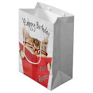 Sacola Para Presentes Média Gato com Óculos e Livro Vermelho Aniversário