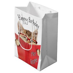 Sacola Para Presentes Média Gato com Óculos e Livro Vermelho Aniversário