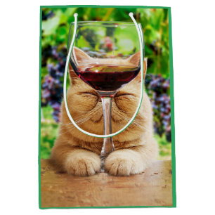 Sacola Para Presentes Média Gato com Vidro de Vinho