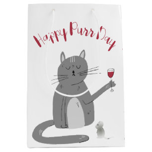Sacola Para Presentes Média Gato com Vidro de Vinho Aniversário
