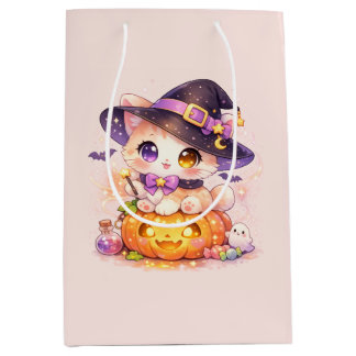 Sacola Para Presentes Média Gato de Bruxa Kawaii & Abóbora Halloween Pastel