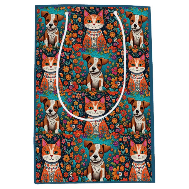 Sacola Para Presentes Média Gato de Cão e Flores de Arte Folical (Frente)