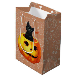 Sacola Para Presentes Média Gato de Halloween em Pumpkin