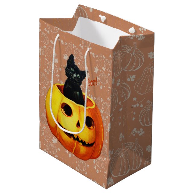 Sacola Para Presentes Média Gato de Halloween em Pumpkin (Frente inclinada)