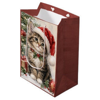 Sacola Para Presentes Média Gato de Natal com Chapéu de Papai Noel