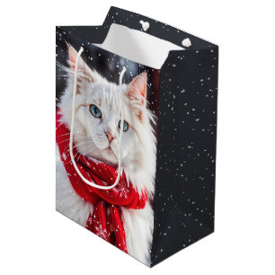 Sacola Para Presentes Média Gato de Natal com Escarf e Flocos de Neve