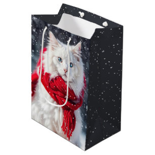 Sacola Para Presentes Média Gato de Natal com Escarf e Flocos de Neve
