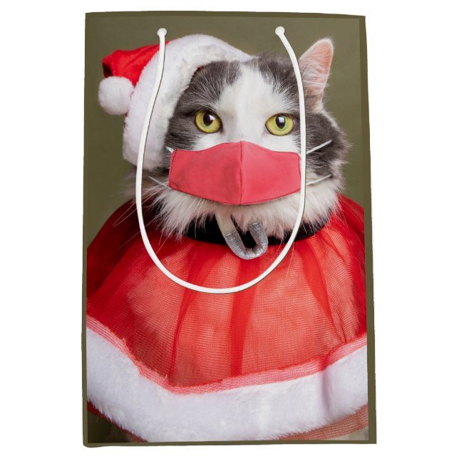 Sacola Para Presentes Média Gato de Natal em Máscara (Frente)