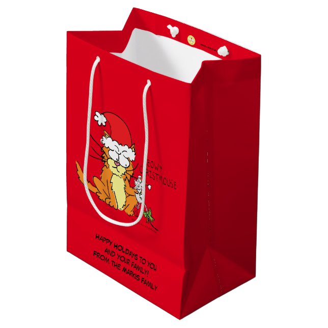 Sacola Para Presentes Média Gato de Natal Engraçado (Frente inclinada)