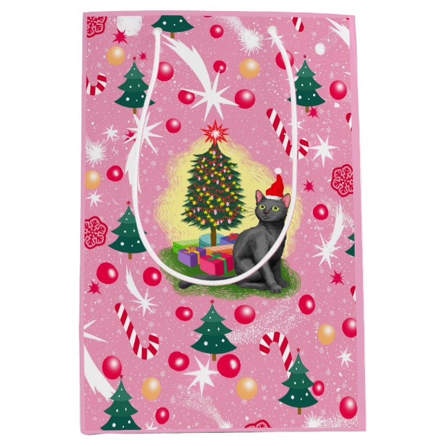 Sacola Para Presentes Média Gato de Natal Rosa (Frente)