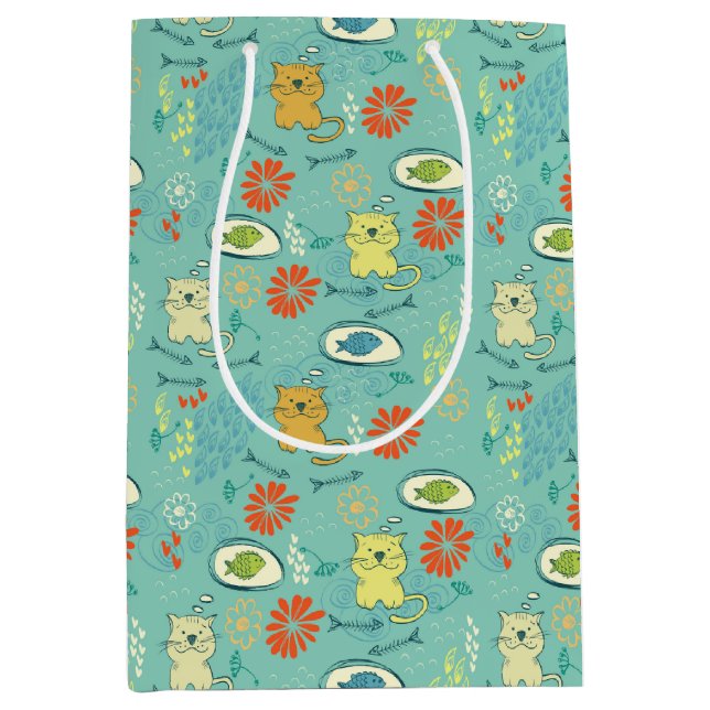 Sacola Para Presentes Média Gato e Peixe Engraçado (Frente)