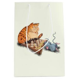Sacola Para Presentes Média Gato e Rato Tocando Cartoon de Xadrez Engraçando