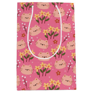 Sacola Para Presentes Média Gato Fofo e Flores