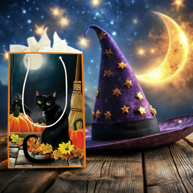Sacola Para Presentes Média Gato Negro de Halloween (Criador carregado)