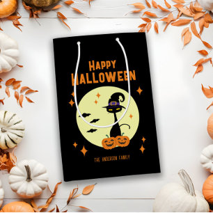 Sacola Para Presentes Média Gato Negro Feliz de Halloween Personalizado