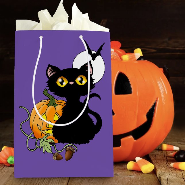 Sacola Para Presentes Média Gato Negro Puro de Abóbora de Halloween (Criador carregado)