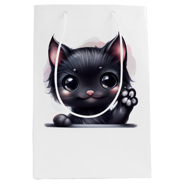 Sacola Para Presentes Média Gato Preto Adorável Kawaii (Frente)