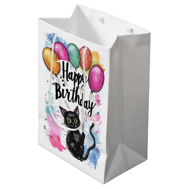 Sacola Para Presentes Média Gato Preto com Balões (Frente inclinada)