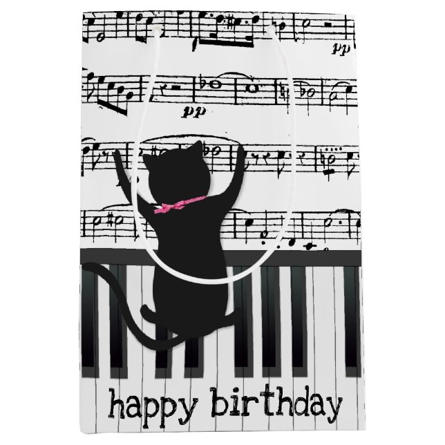 Sacola Para Presentes Média Gato Preto Em Chaves Piano (Frente)