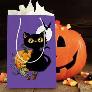 Sacola Para Presentes Média Gato Preto Fofo Roxo Assustador Abóbora de Hallowe