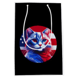 Sacola Para Presentes Média Gato Vermelho Branco e Azul com Fundo da Bandeira 
