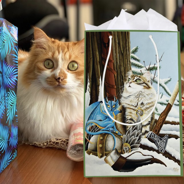 Sacola Para Presentes Média Gato Viking Azul Dragão Fantasia (Criador carregado)