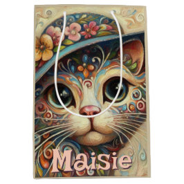 Sacola Para Presentes Média Gato Whimsical com chapéu Floral Personalizado