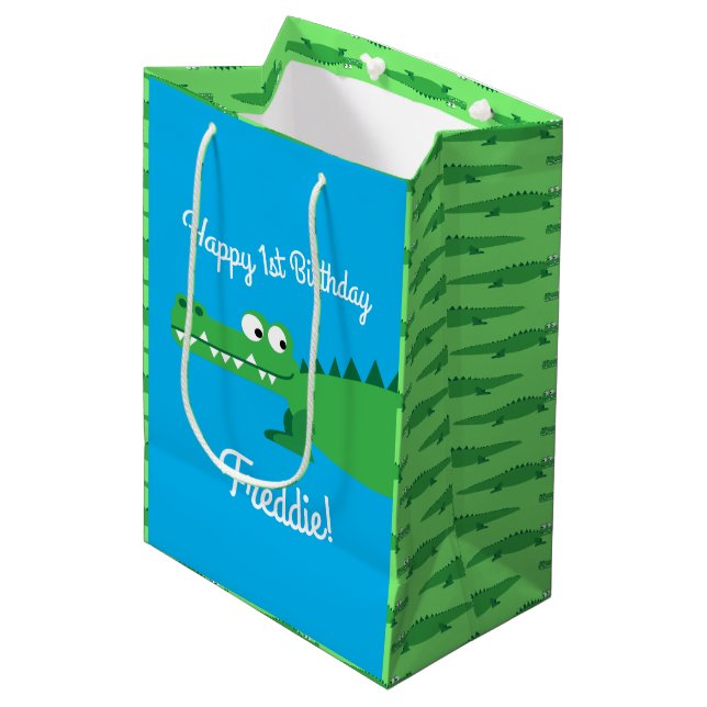 Sacola Para Presentes Média Gator Alligator Crocodile Kids - primeiro aniversa (Frente inclinada)