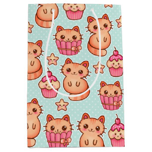 Sacola Para Presentes Média Gatos Cute de Kawaii Cupcakes Rosa e Padrão Azul
